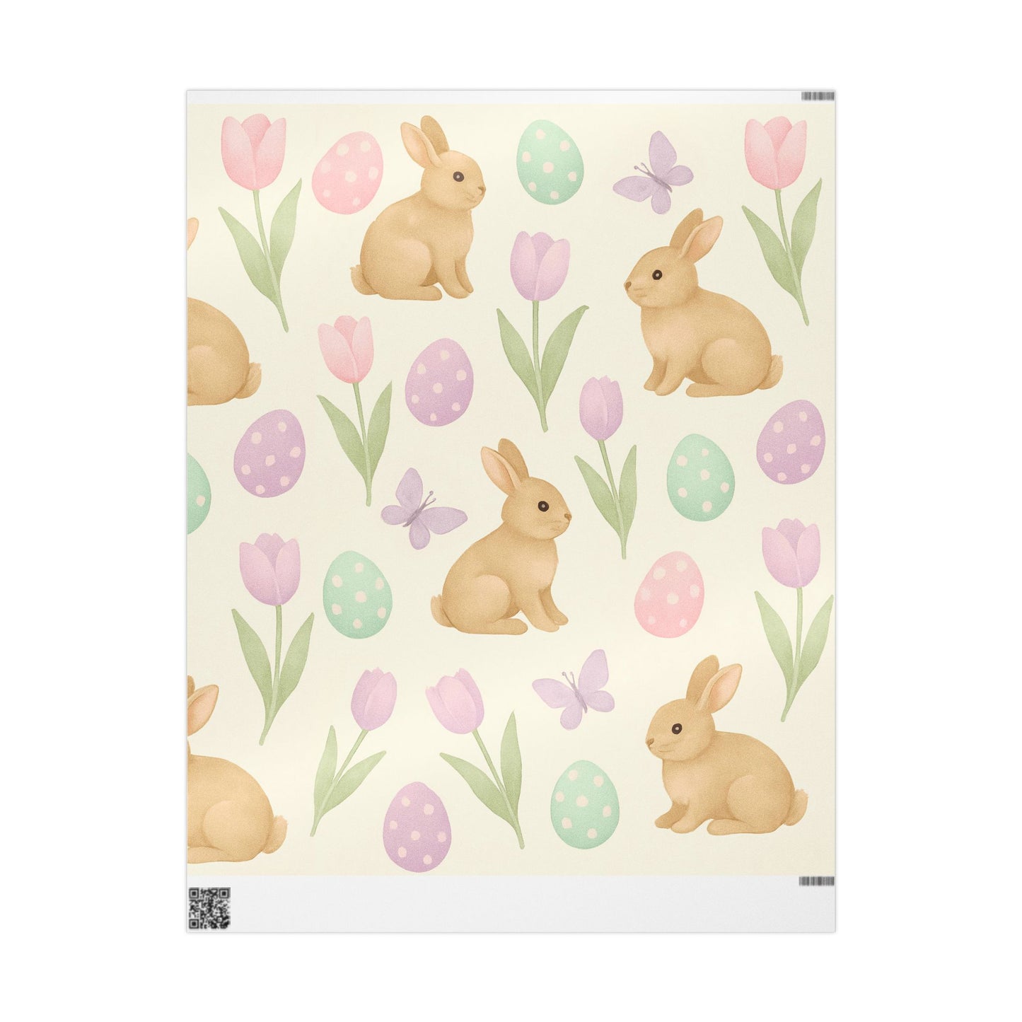 Pastel Easter Wrapping Paper – Bunnies, Eggs, Tulips & Butterflies on Cream Background
