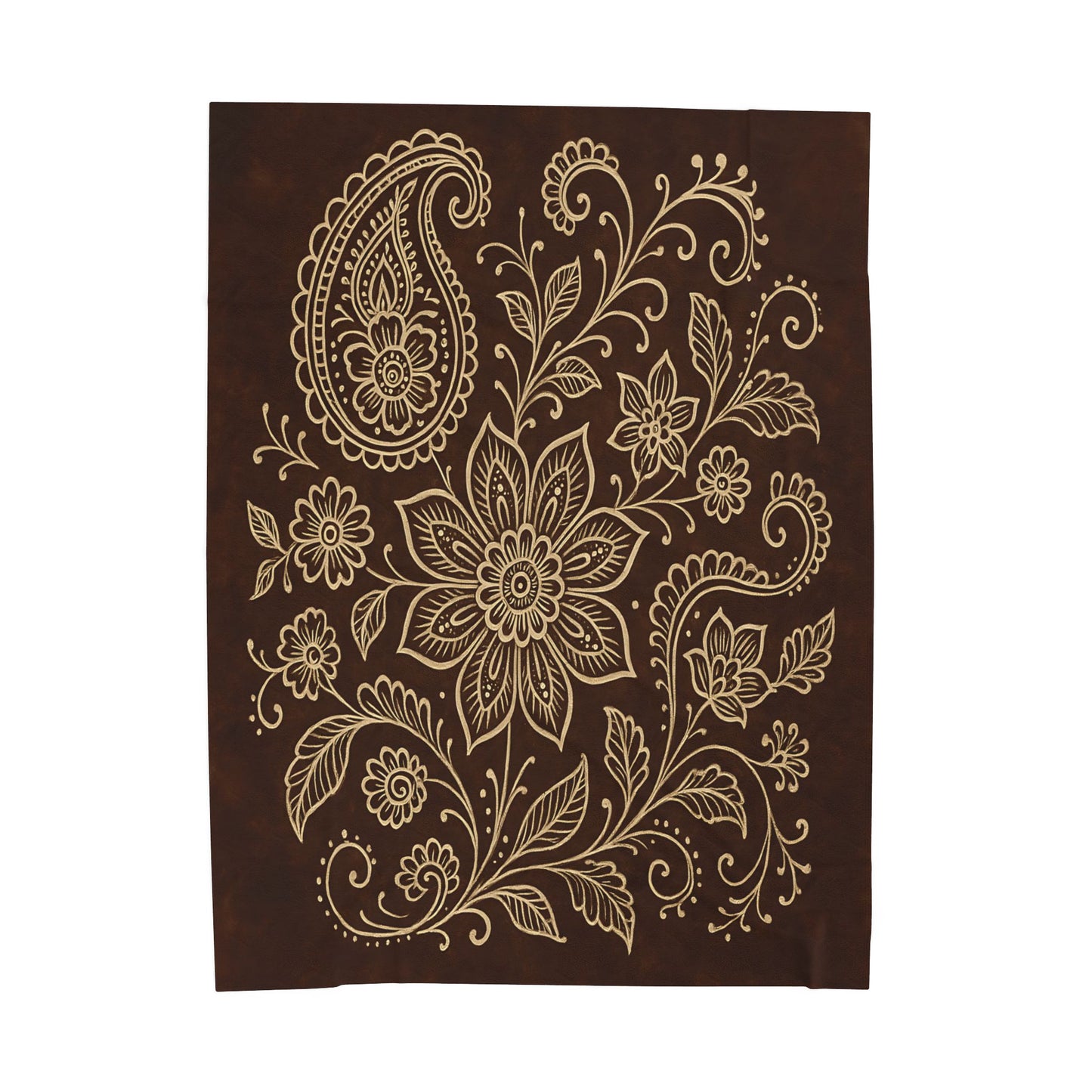 Elegant Boho Floral Paisley Velveteen Plush Blanket – Dark Brown & Cream