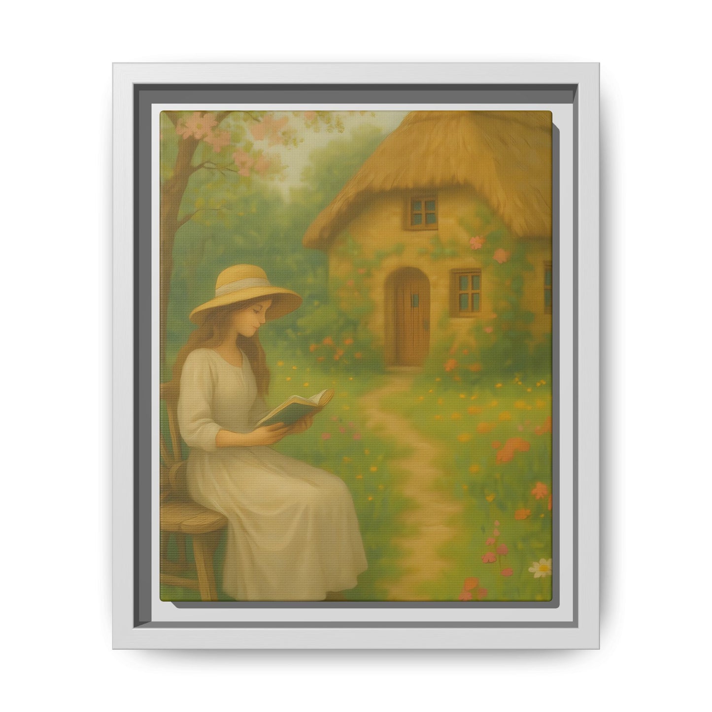 Cottage Garden Reader – Framed Matte Canvas Wall Art of Woman Reading by a Thatched Cottage