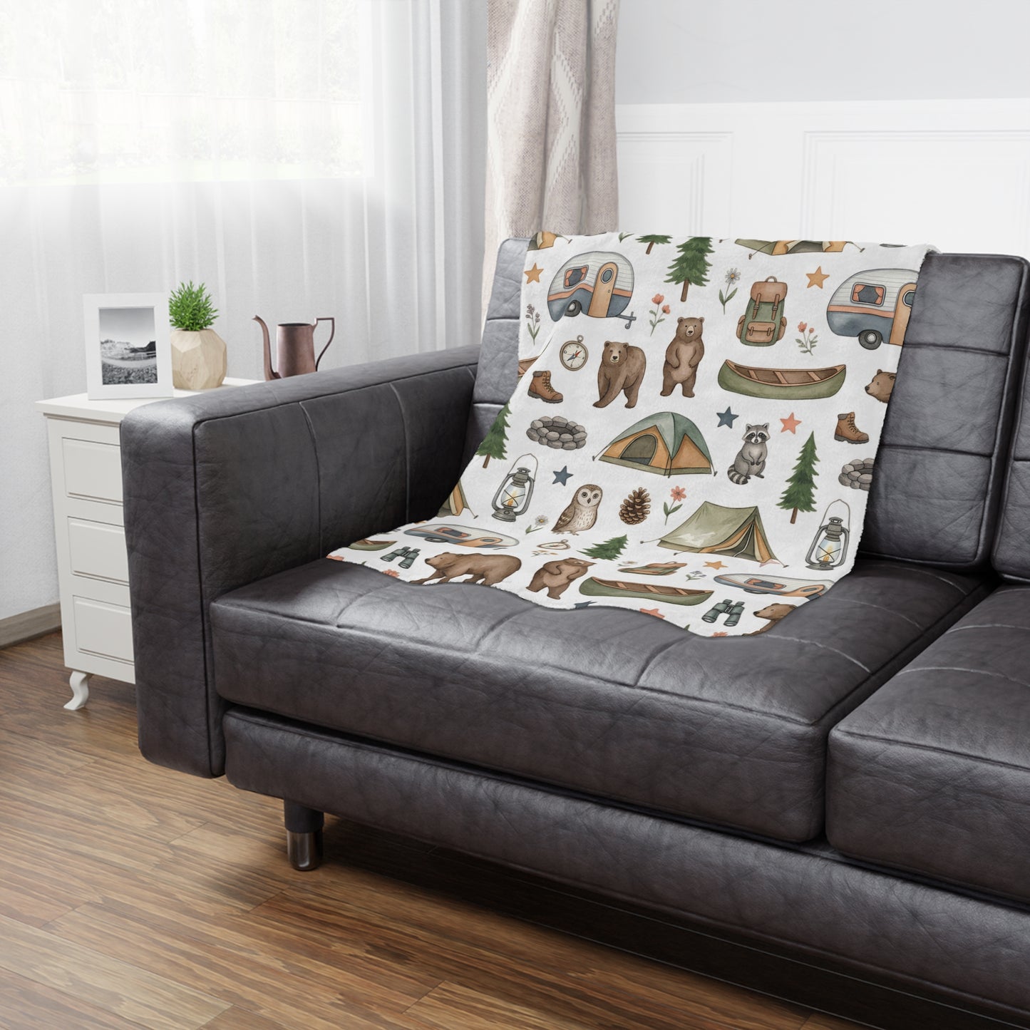 Camping Pattern Minky Blanket — Cozy Outdoor Adventure Throw with Tents, Campfire & Wildlife