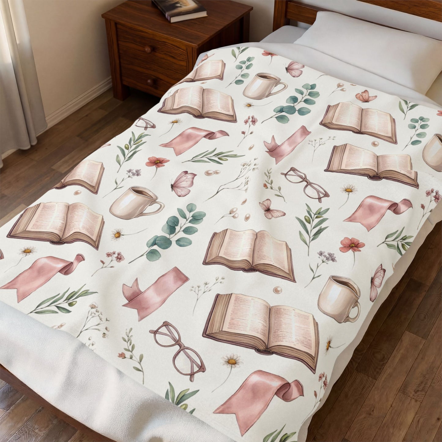 Cozy Reading Velveteen Blanket – Book, Mug & Floral Pattern Plush Throw
