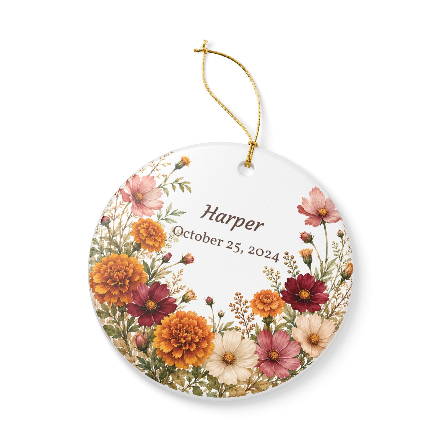 Personalized Floral Name Ceramic Ornament — Custom Name & Date Keepsake