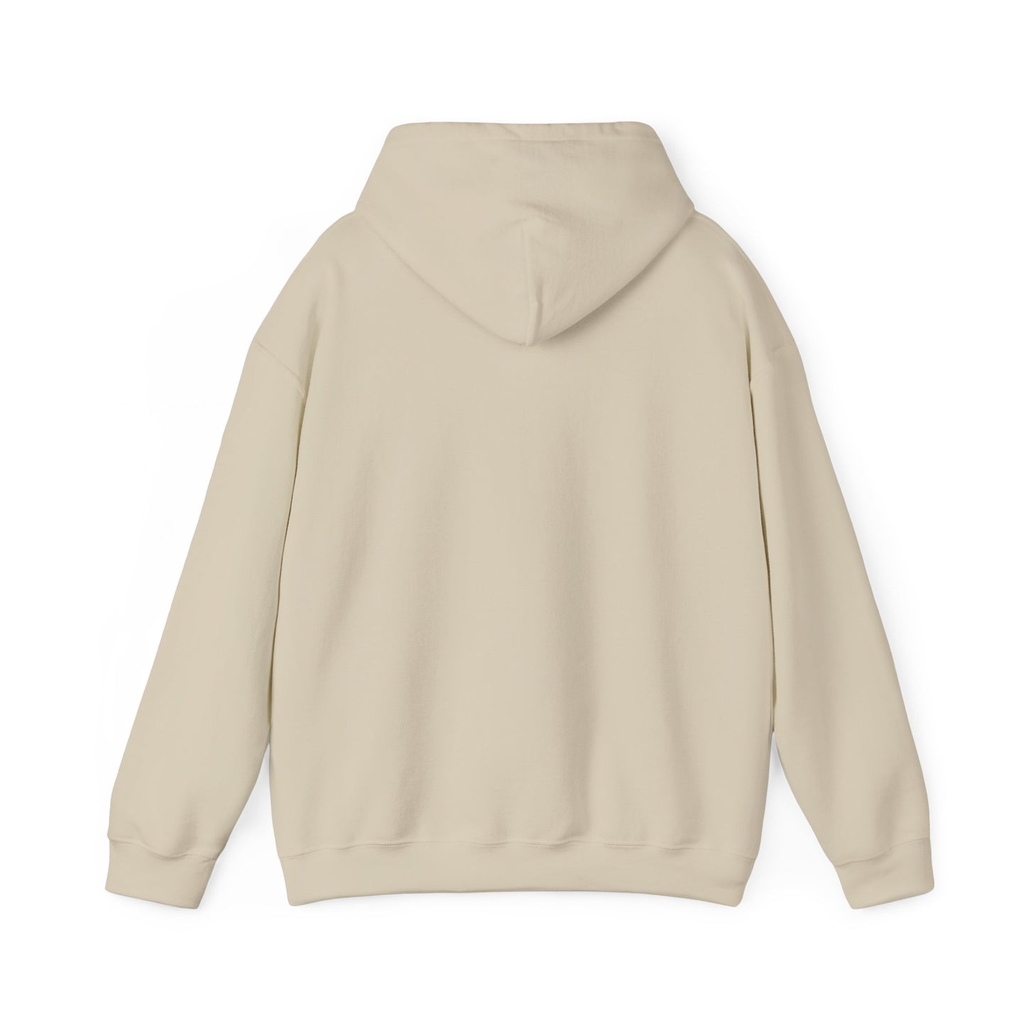 The back of a sand colored hooded sweatshirt.