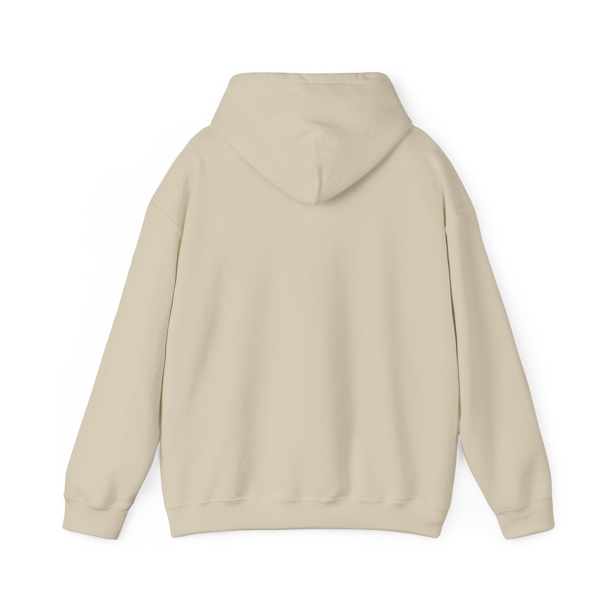 The back of a sand colored hooded sweatshirt.