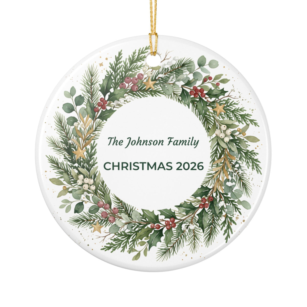 Personalized Christmas Wreath Ceramic Ornament - 'The Johnson Family CHRISTMAS'