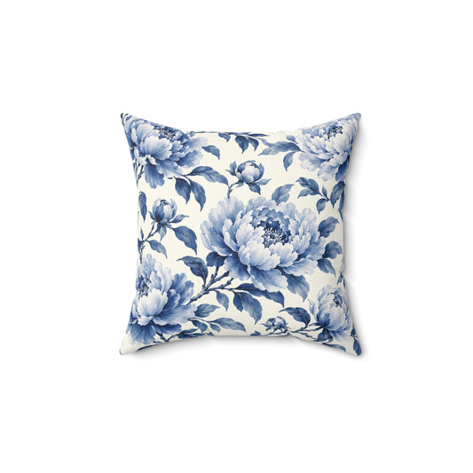 Blue Floral Throw Pillow — Vintage Peony Accent Cushion