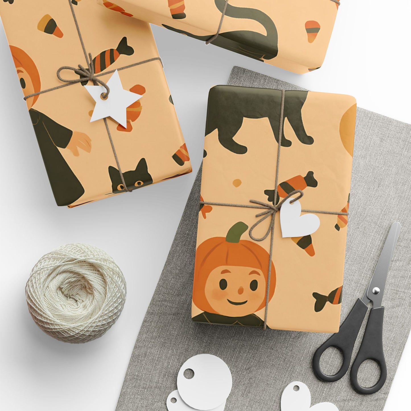 Vintage Halloween Wrapping Paper – Cute Ghosts, Witches, and Black Cats on Parchment Background