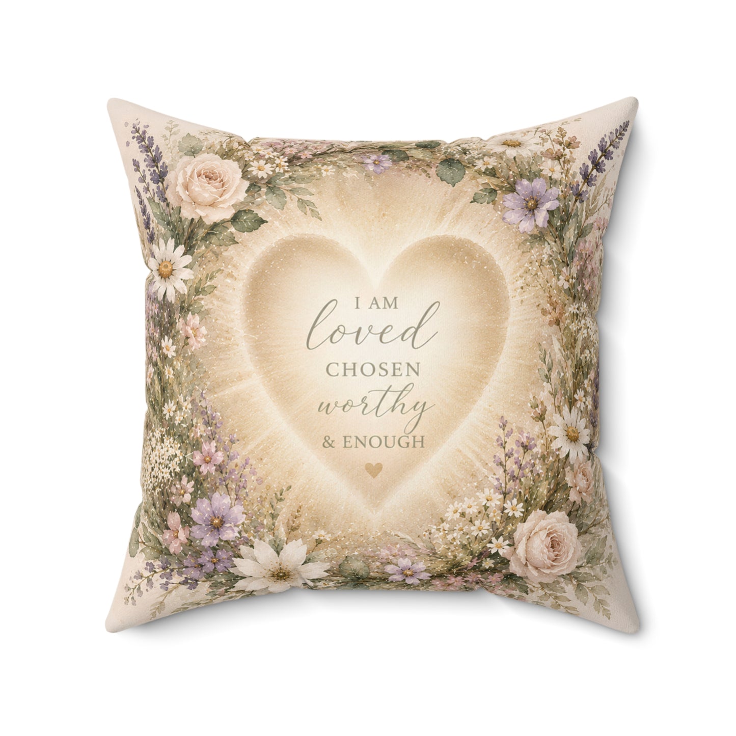 Inspirational Heart Floral Pillow – "I Am Loved, Chosen, Worthy & Enough" Decorative Throw Pillow