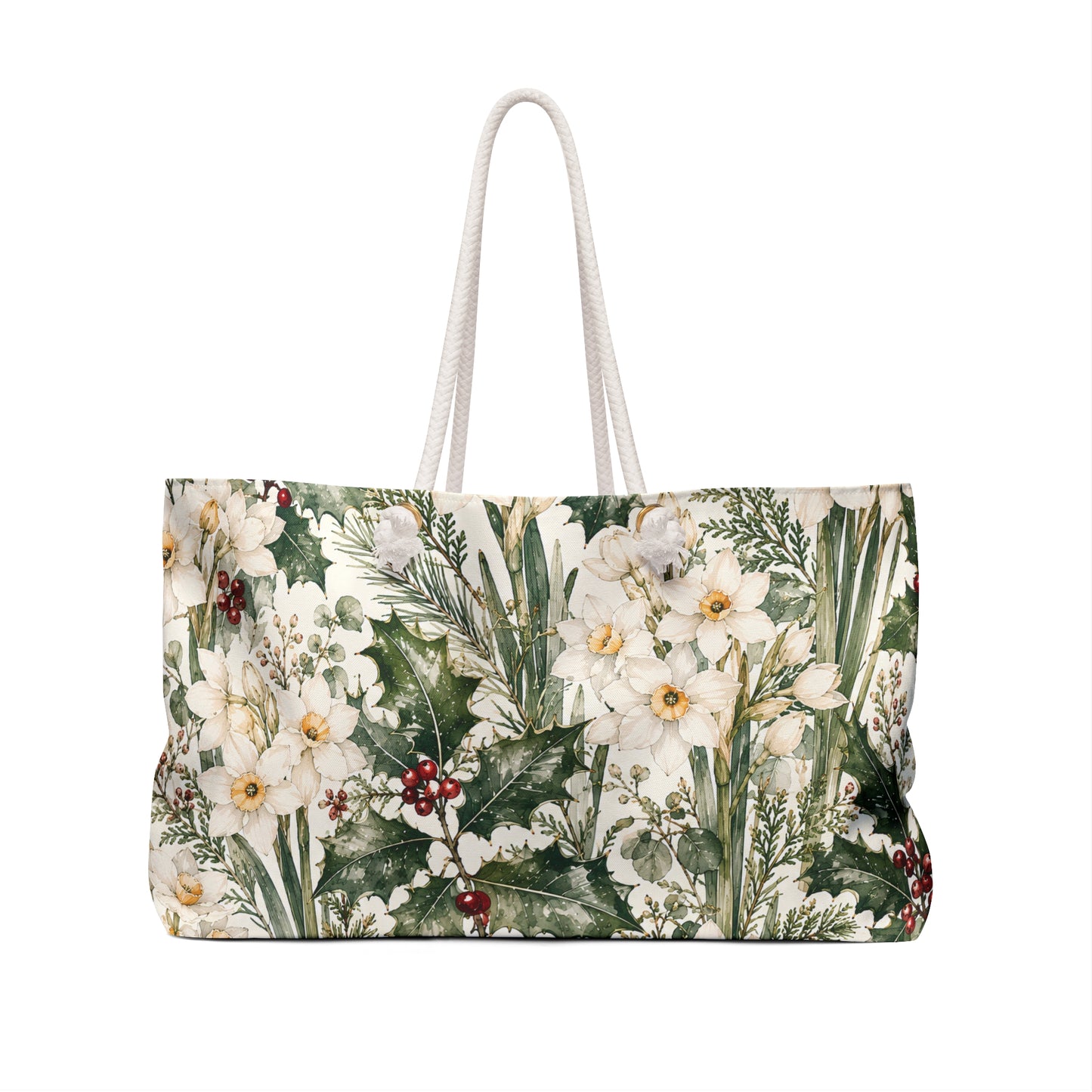 Floral Winter Weekender Bag – White Narcissus & Holly Travel Tote