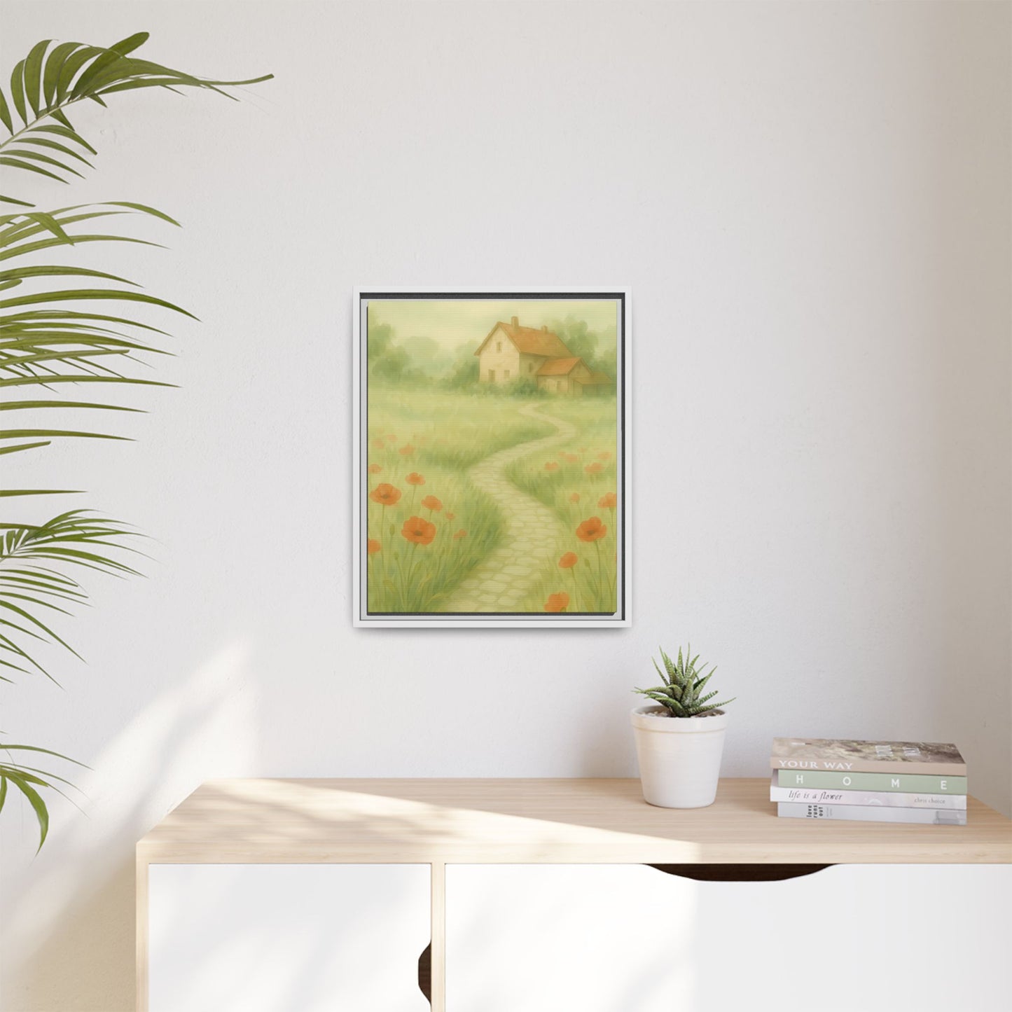 Poppy Path to Home – Framed Matte Canvas of Cottage & Flower Field Landscape
