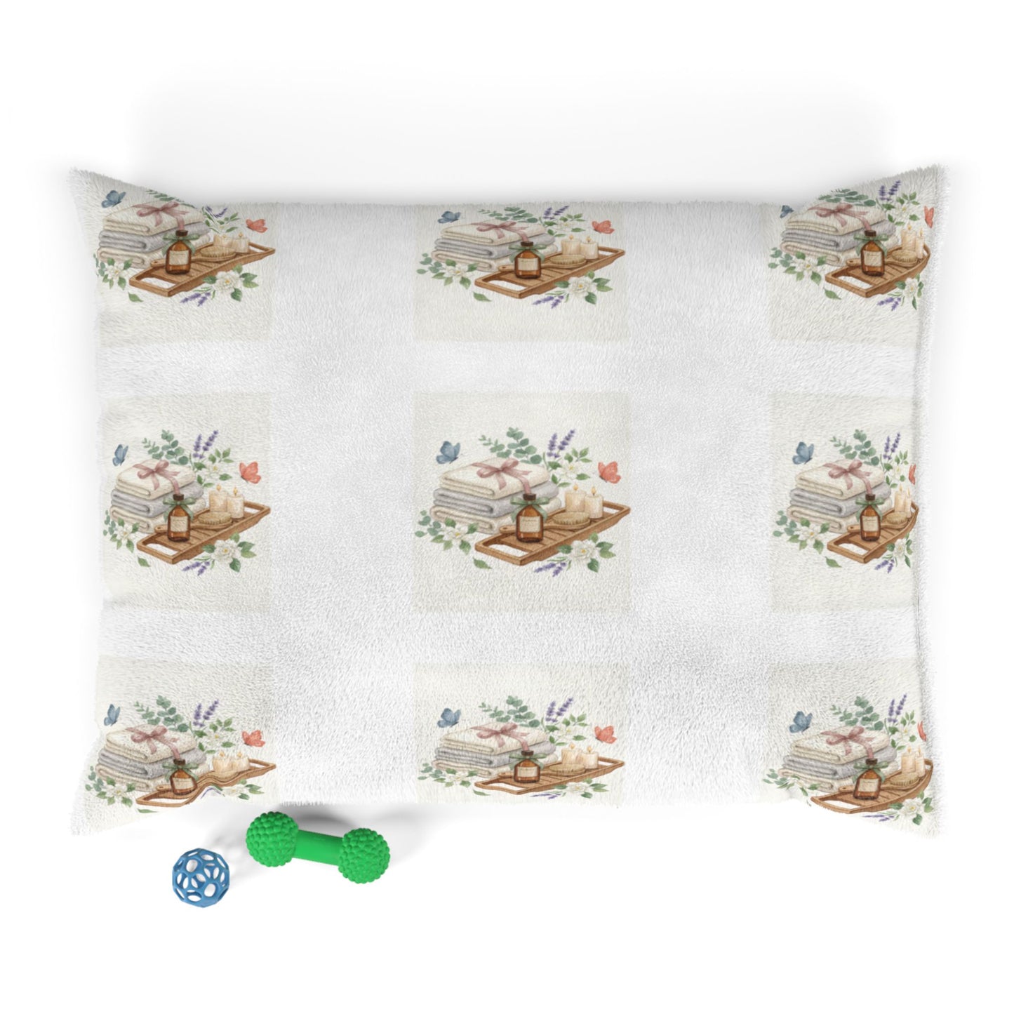 Spa Day Pet Bed – Watercolor Towels & Botanicals Print for Dogs
