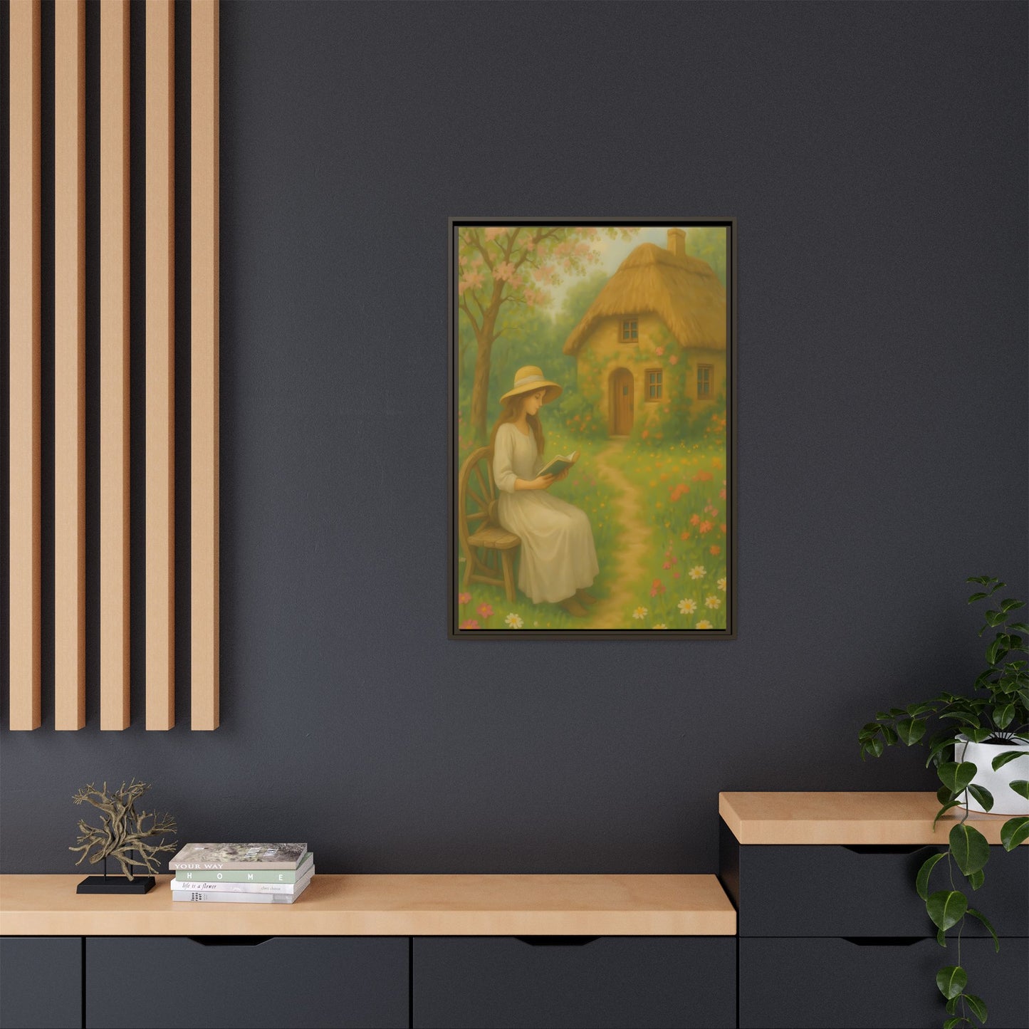 Cottage Garden Reader – Framed Matte Canvas Wall Art of Woman Reading by a Thatched Cottage
