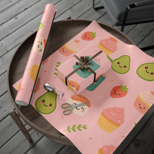 Kawaii Treats Wrapping Paper – Cute Sushi, Cupcakes, Avocados & More on Pink