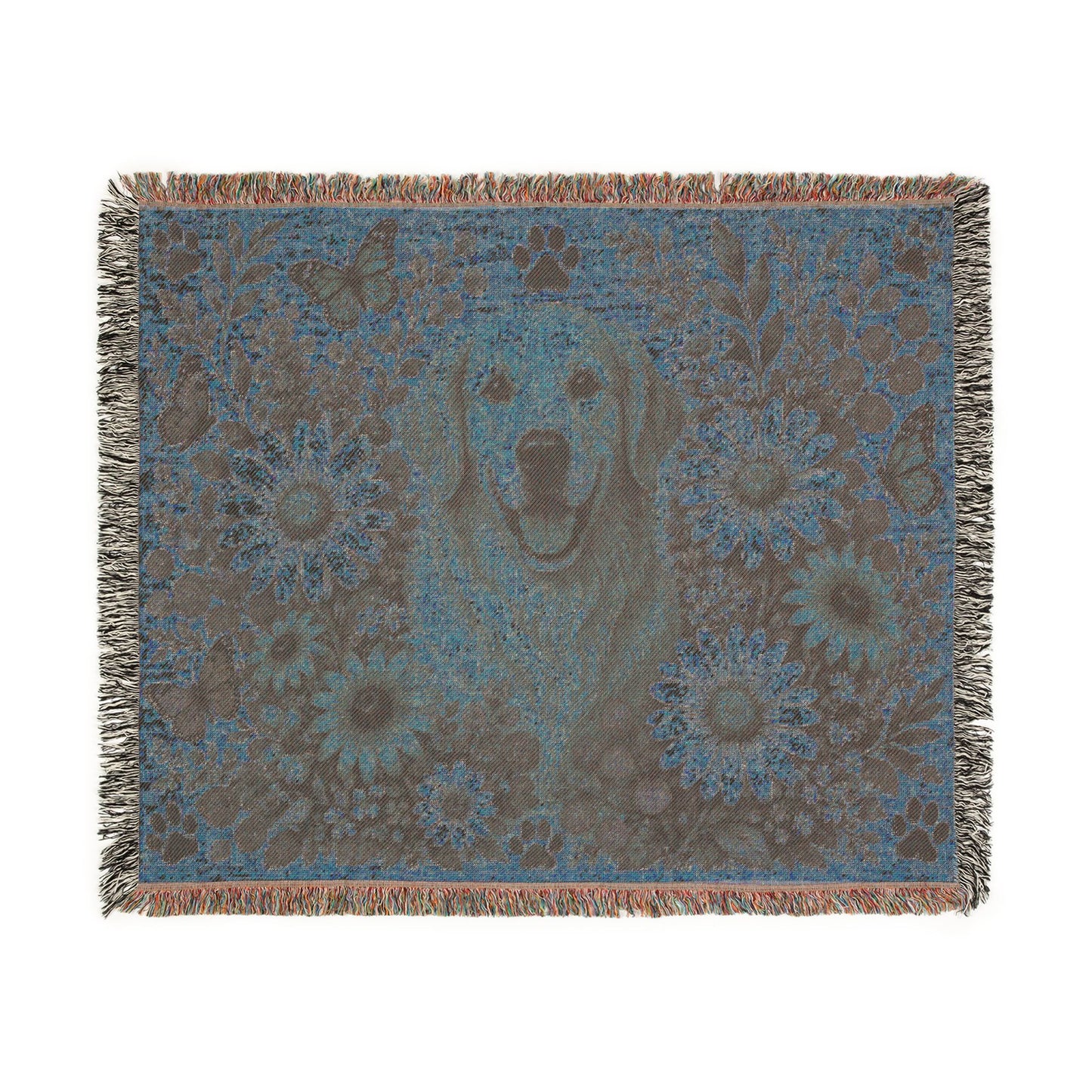 Golden Retriever Floral Woven Blanket — Cozy Throw with Daisies & Butterflies