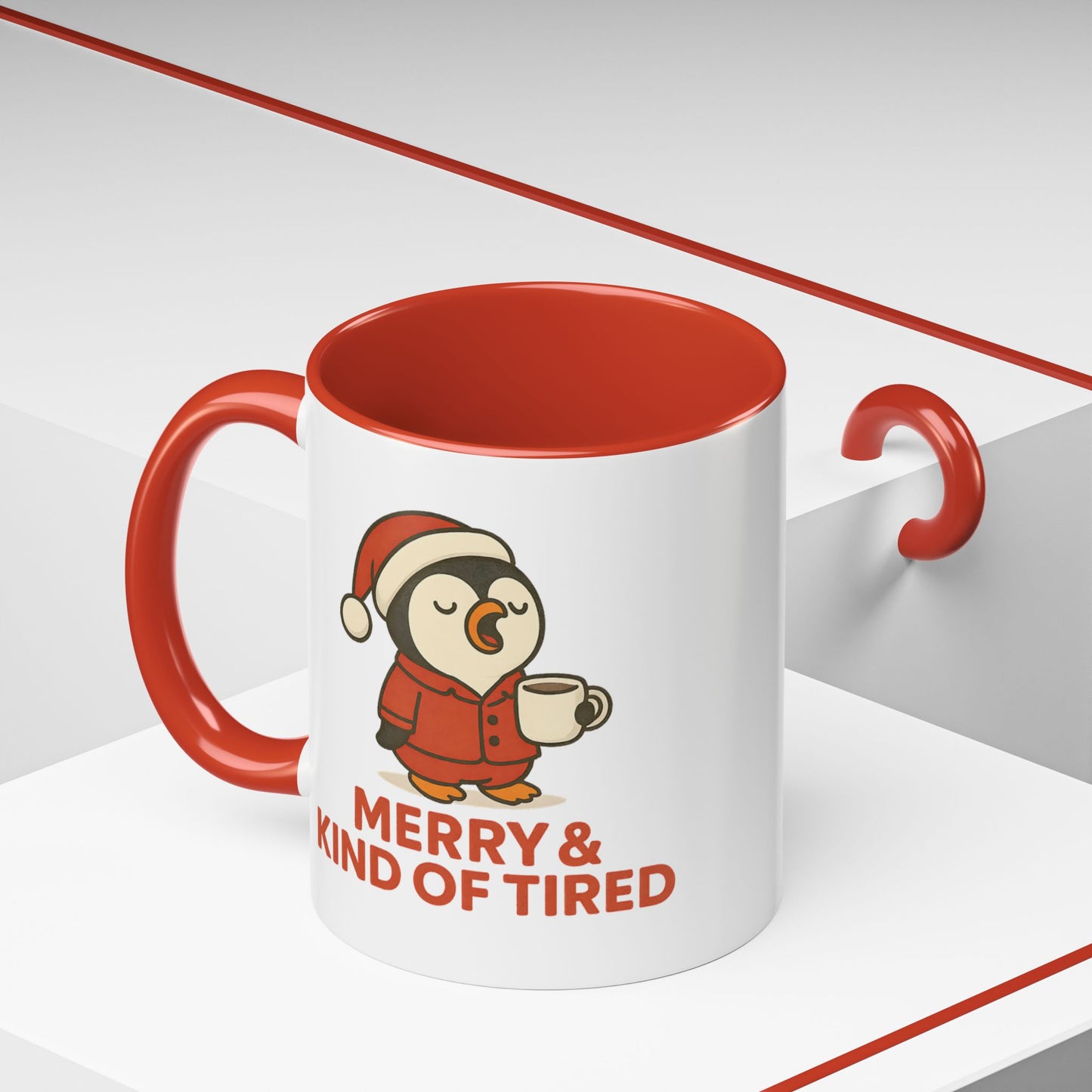 Merry & Kind of Tired Christmas Penguin Mug – Cute Holiday Coffee Cup (11oz / 15oz)