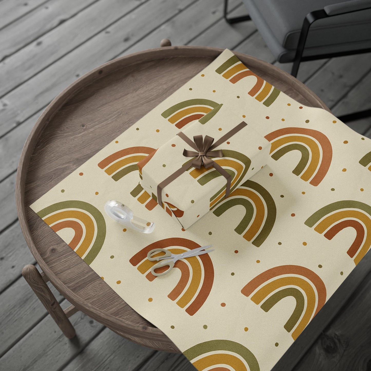 Boho Rainbow Wrapping Paper – Earth Tone Arches & Dots on Neutral Background