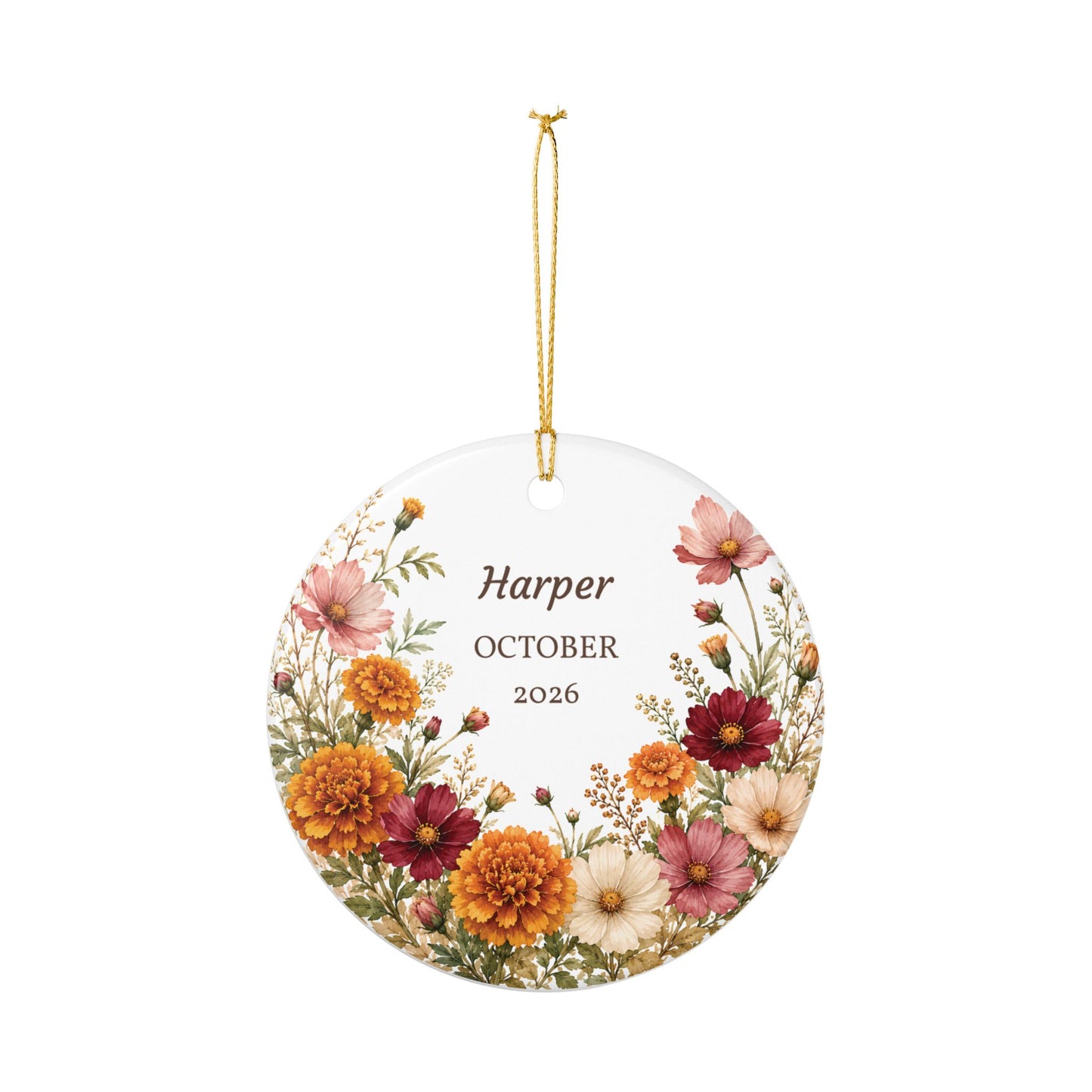 Personalized Floral Birth Month Ceramic Ornament — Custom Name & Year (October 2026)