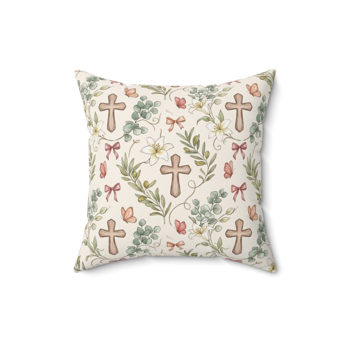Easter Floral Cross Decorative Pillow — Religious Spring Throw Pillow
