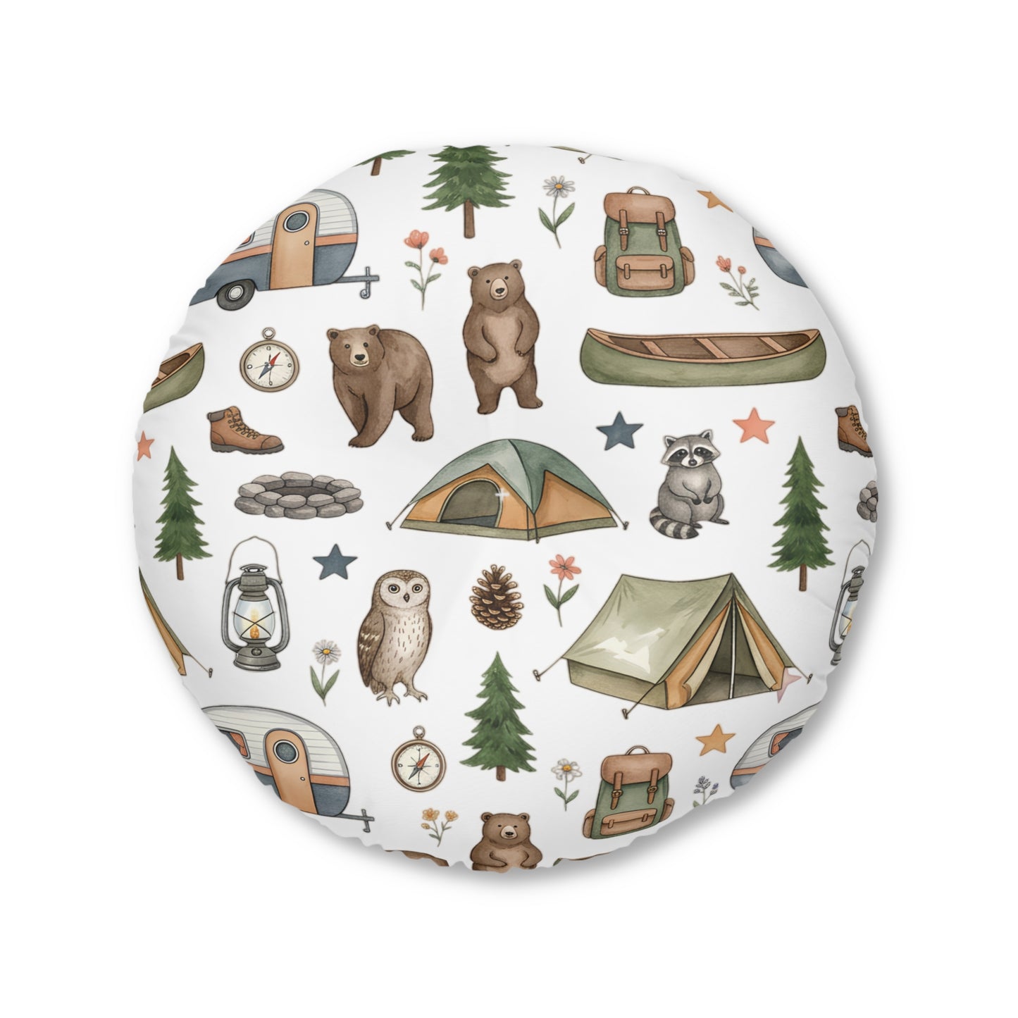 Camping Pattern Round Floor Pillow — Cute Woodland Animals & Gear Tufted Cushion