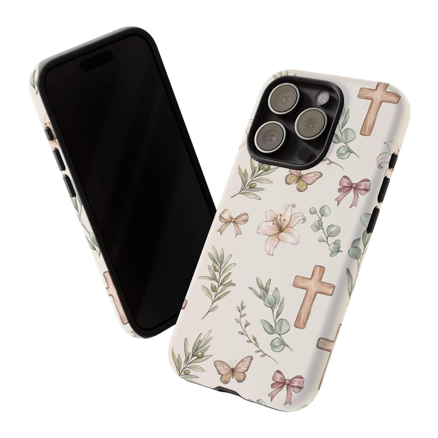 Floral Cross Tough Phone Case — Pastel Butterflies & Bows Christian Design