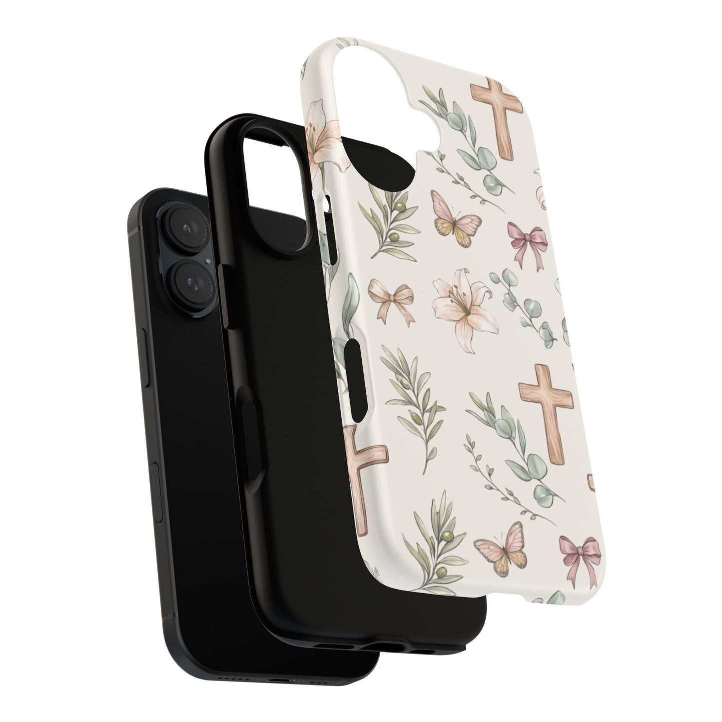 Floral Cross Tough Phone Case — Pastel Butterflies & Bows Christian Design