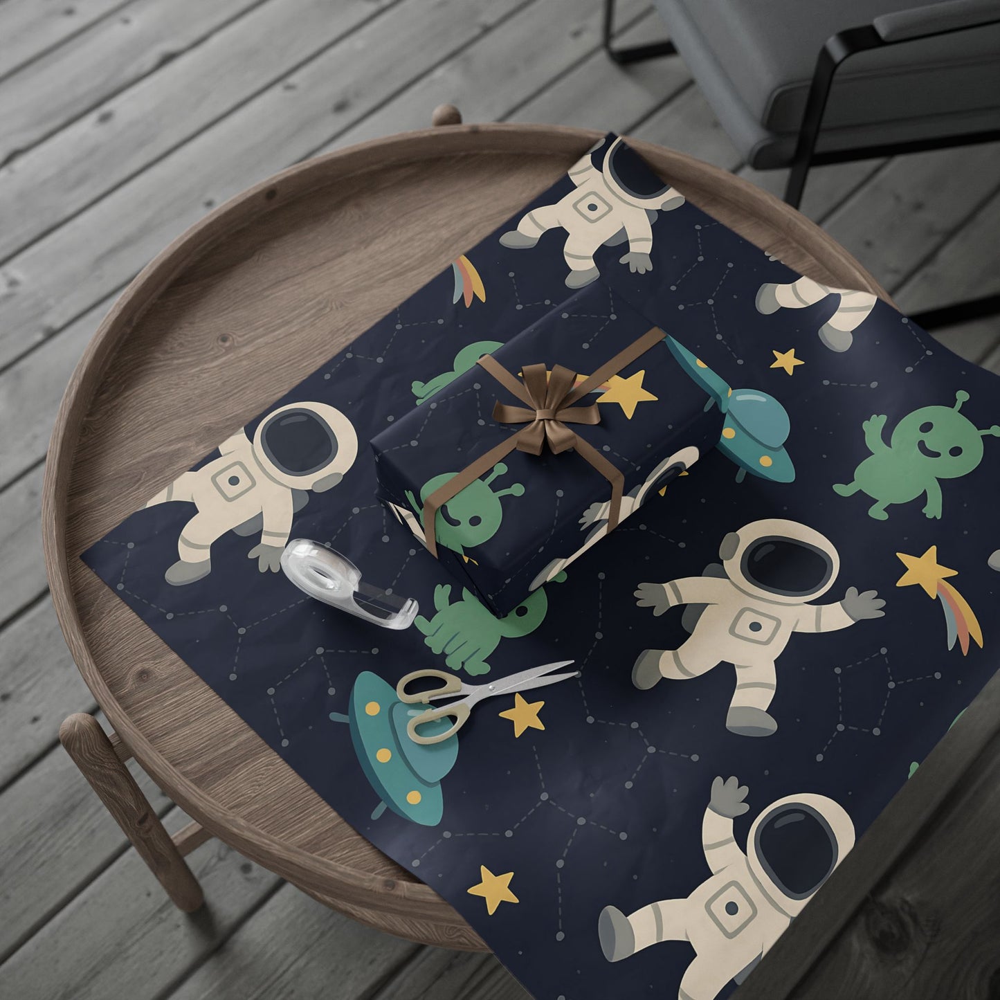 Space Explorers Wrapping Paper – Astronauts, Aliens & UFOs on Navy Starry Sky