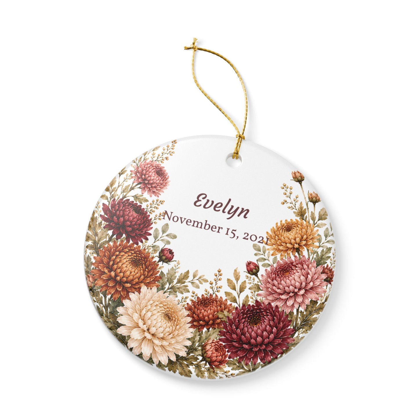 Personalized Floral Ceramic Ornament — Custom Name & Date Autumn Chrysanthemums