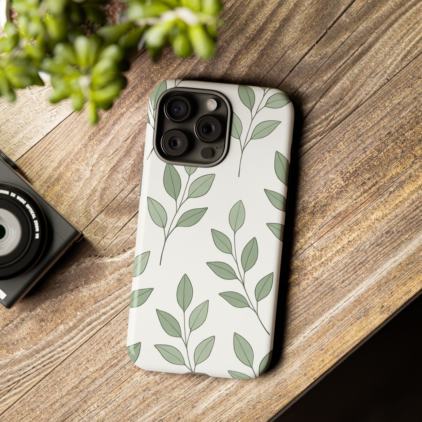 Minimalist Green Leaf Phone Case – Elegant Botanical Pattern on White