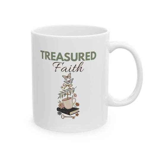 Treasured Faith Ceramic Coffee Mug – Christian Bible Lover Gift – Floral Coffee Cup – Inspirational Religious Mug – 11oz & 15oz