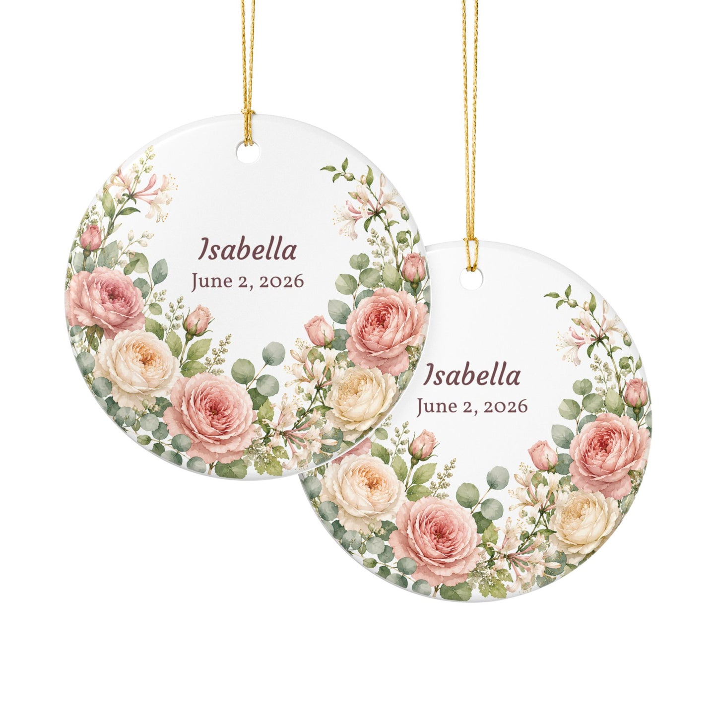 Personalized Floral Ceramic Ornament – Custom Name & Date (Isabella, June 2, 2026)