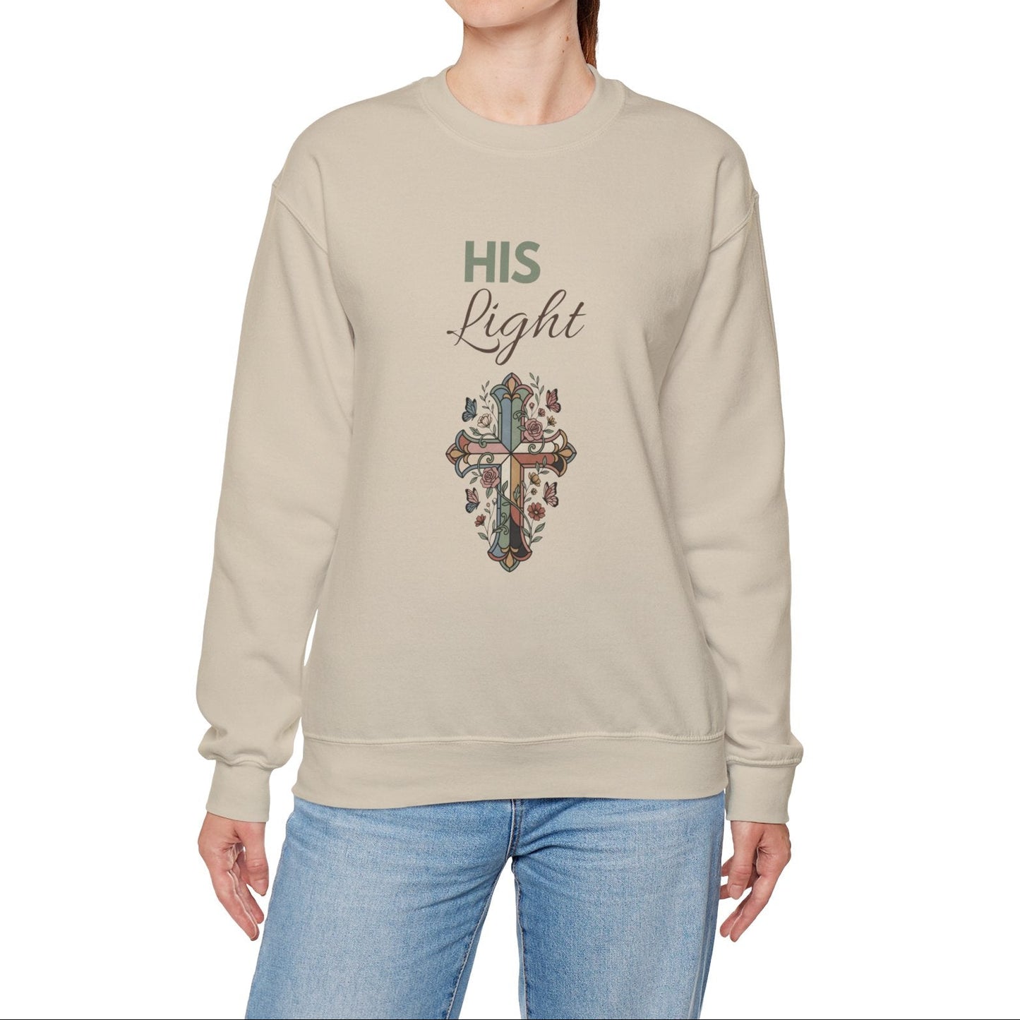 His Light Crewneck Sweatshirt — Floral Cross Christian Graphic Sweatshirt