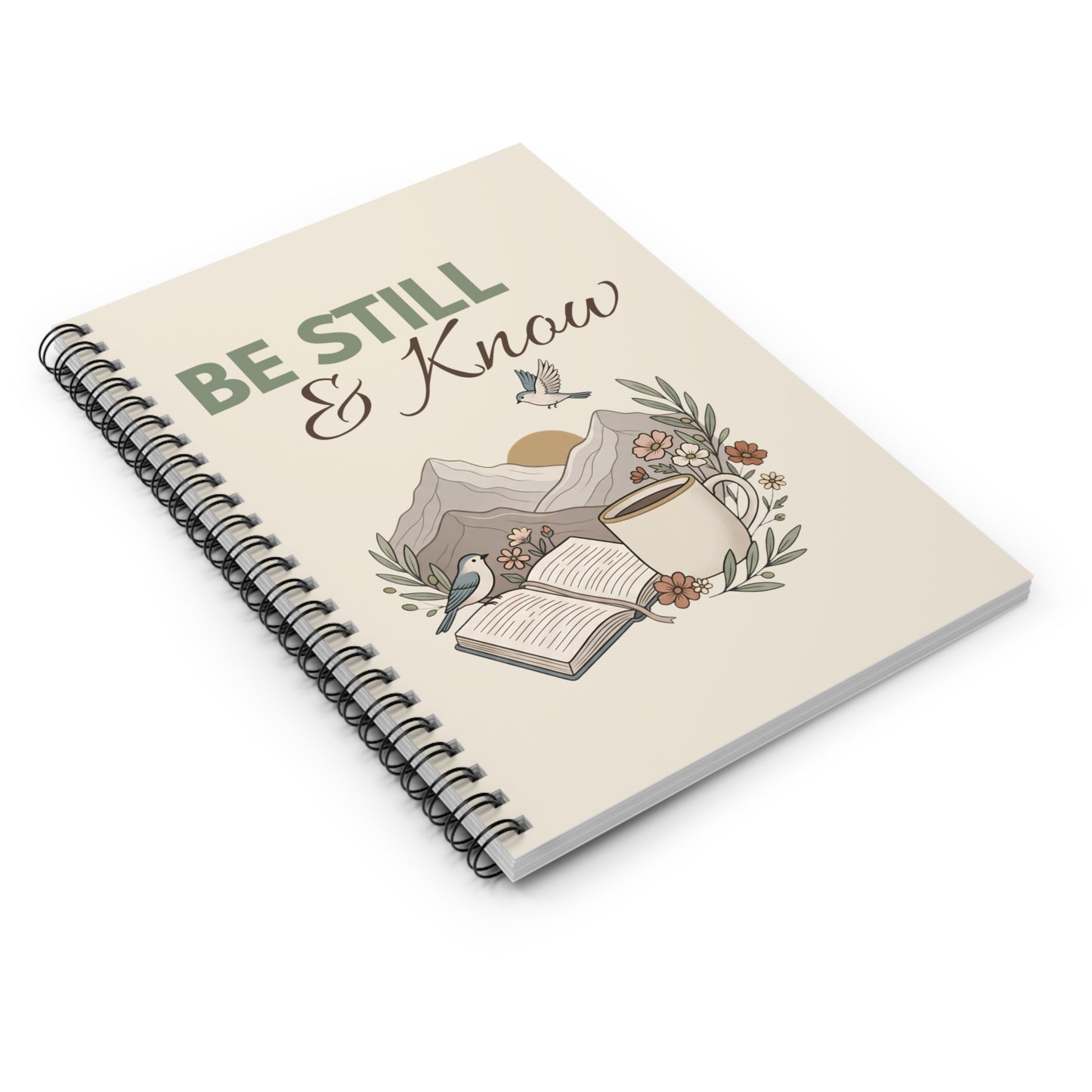 Be Still & Know Ruled Spiral Notebook — Inspirational Christian Journal with Mountains, Bible & Coffee Design