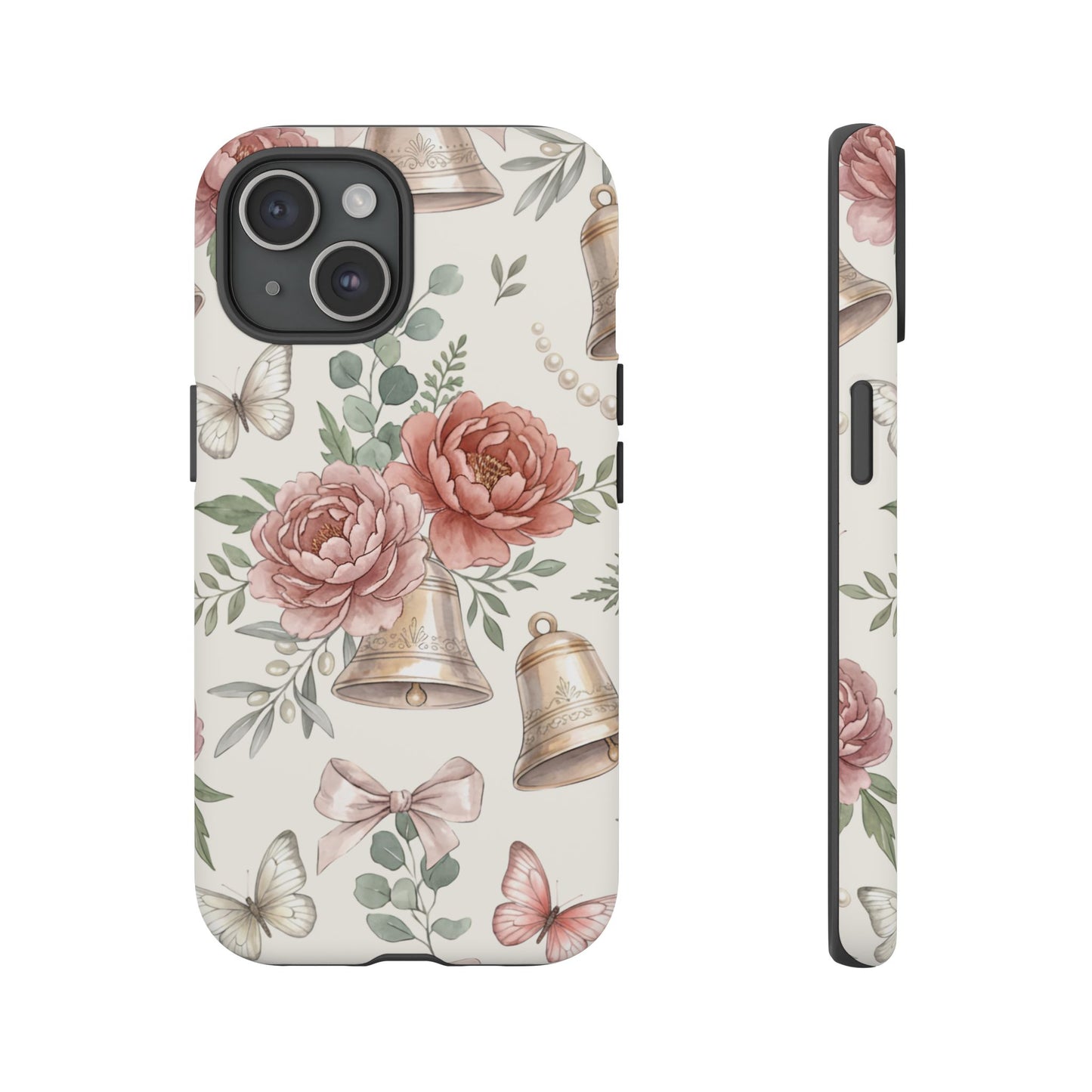 Floral Wedding Bells Phone Case — Vintage Roses, Butterflies & Bow Protective Tough Case
