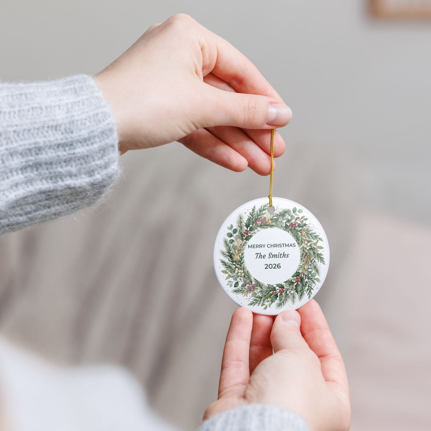 Personalized Ceramic Christmas Ornament – Green Holiday Wreath, 'Merry Christmas The Smiths'