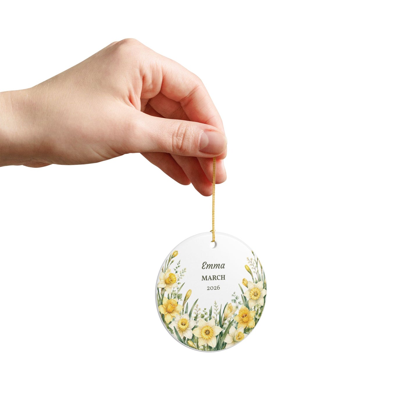Personalized Daffodil Ceramic Ornament – Custom Name & Year (e.g., Emma • MARCH • 2026)