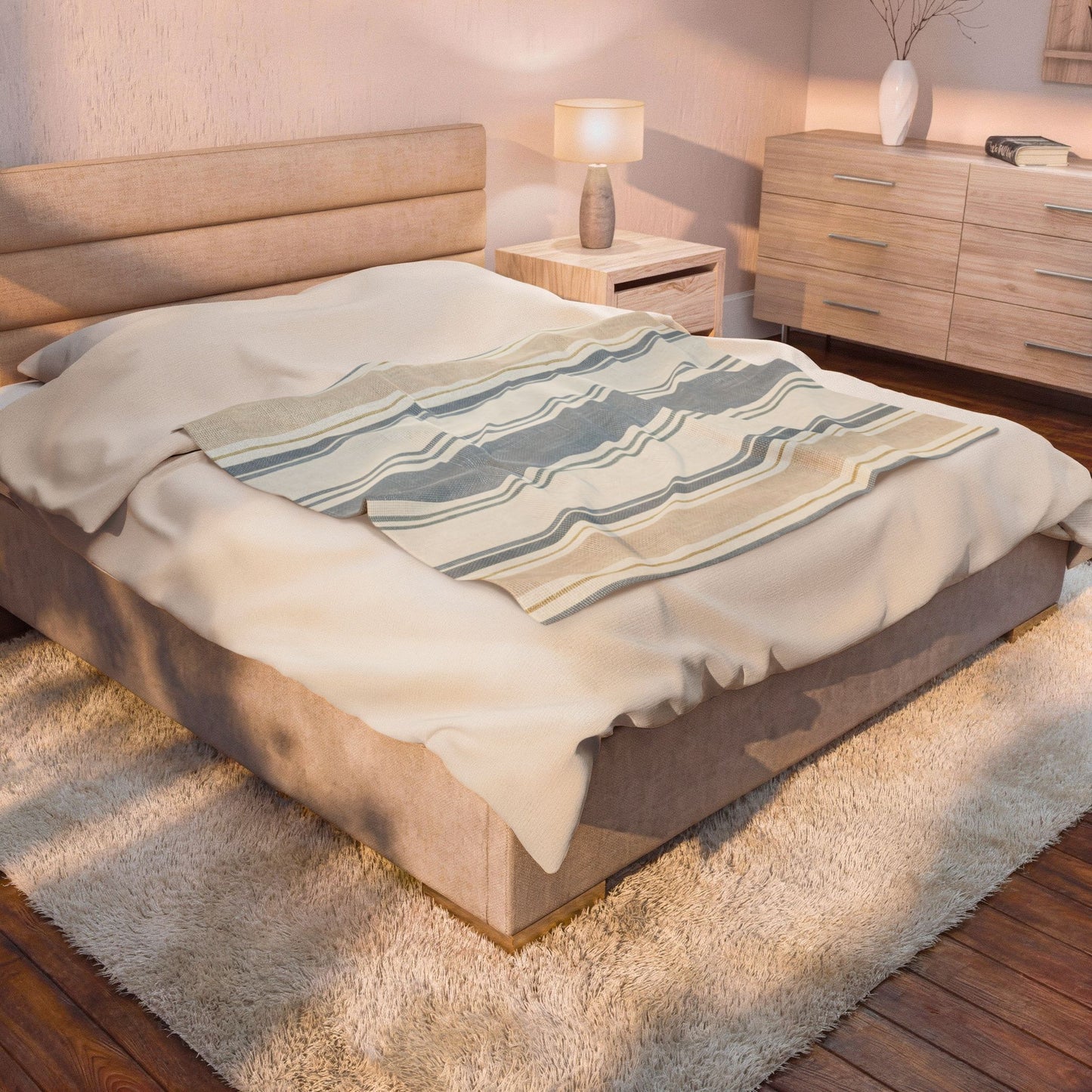 Striped Velveteen Plush Blanket — Cozy Blue & Beige Throw for Living Room or Beach