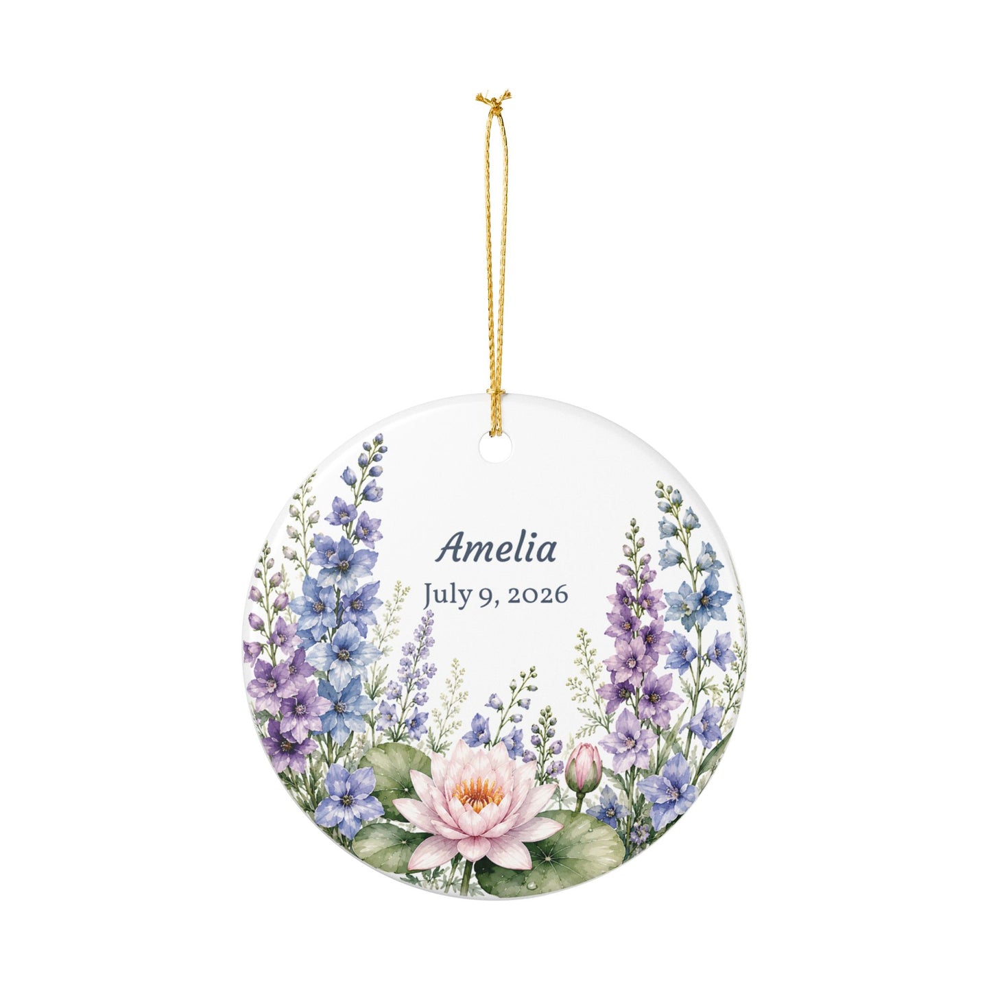 Personalized Floral Ceramic Ornament — Custom Name & Date (Watercolor Lotus & Delphinium)