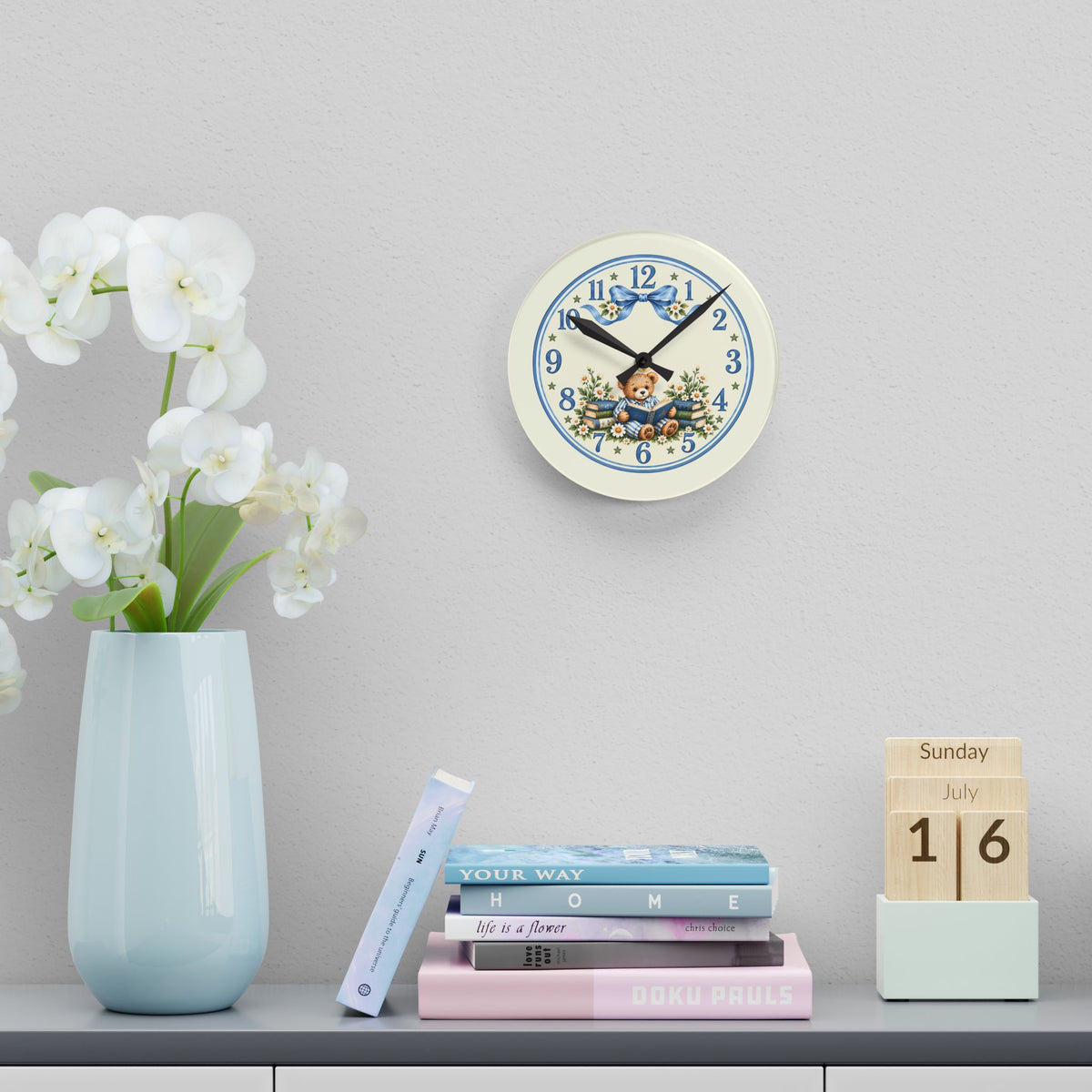 Vintage Teddy Bear Floral Acrylic Wall Clock