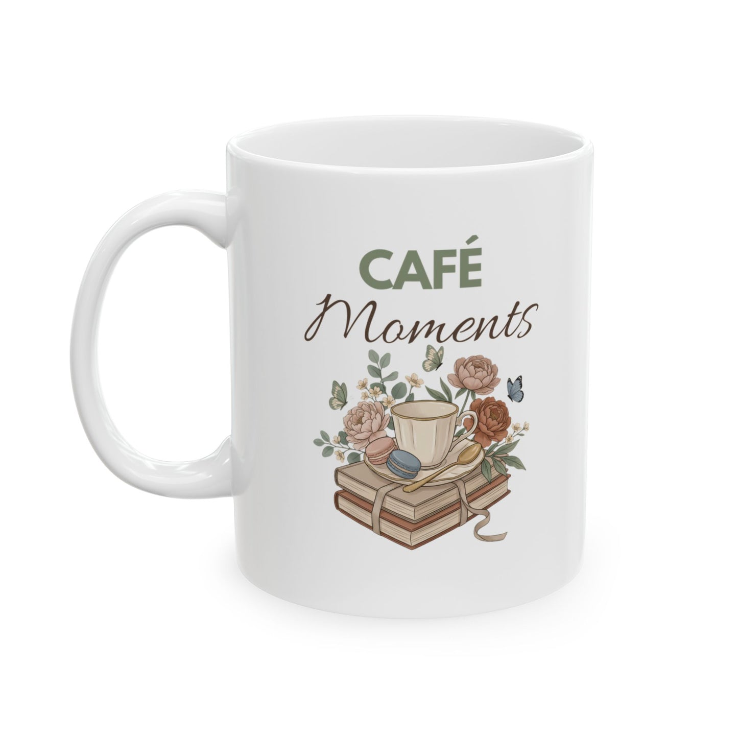 Café Moments Ceramic Coffee Mug – Coffee Lover Gift – Floral Book Lover Coffee Cup – Cozy Café Mug – 11oz & 15oz