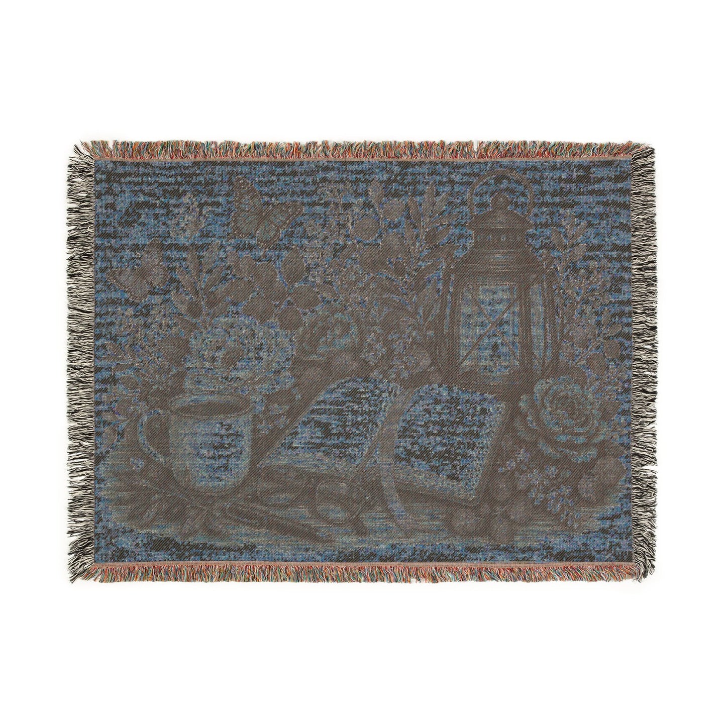 Cozy Reading Woven Throw Blanket — Lantern, Open Book & Floral Tapestry