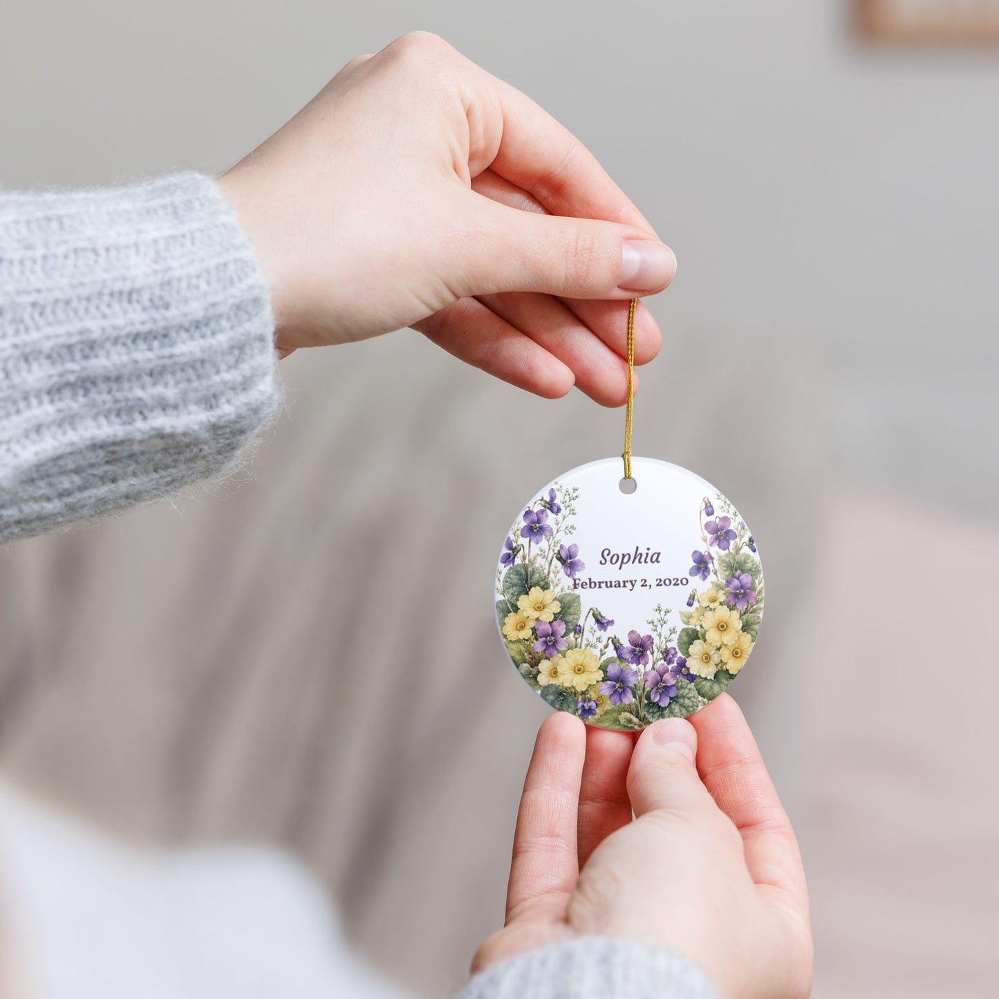 Ceramic Ornament — Personalized Floral Name & Date Keepsake