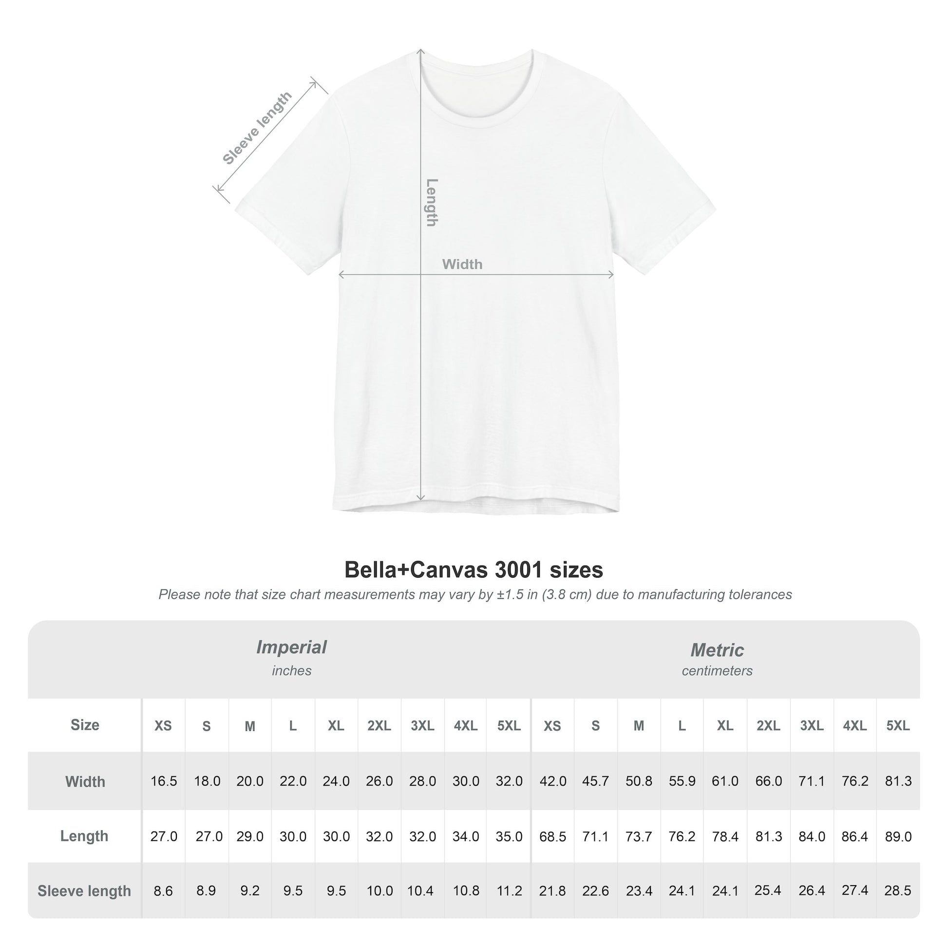 A white t-shirt with measurements and a size chart.