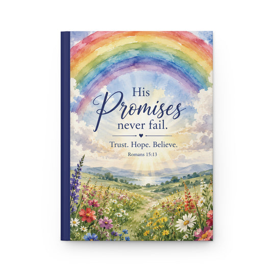 Inspirational Hardcover Journal — "His Promises Never Fail" Christian Rainbow Faith Notebook