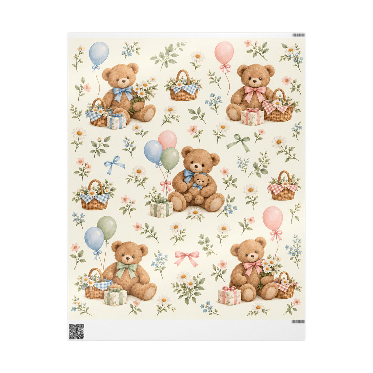 Teddy Bear Floral Wrapping Paper Roll — Vintage Baby Shower & Newborn Gift Wrap