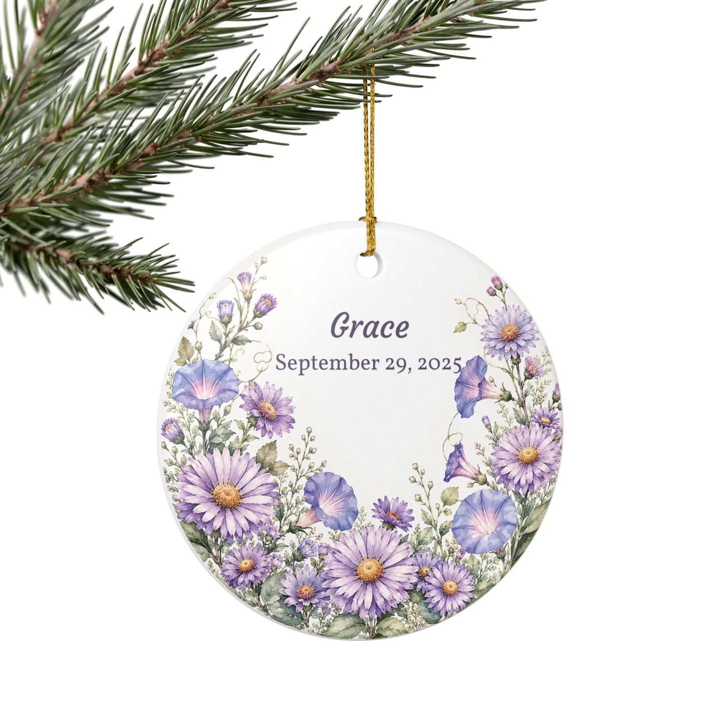 Personalized Ceramic Ornament — Purple Wildflower Memorial or Keepsake Ornament (Name & Date)