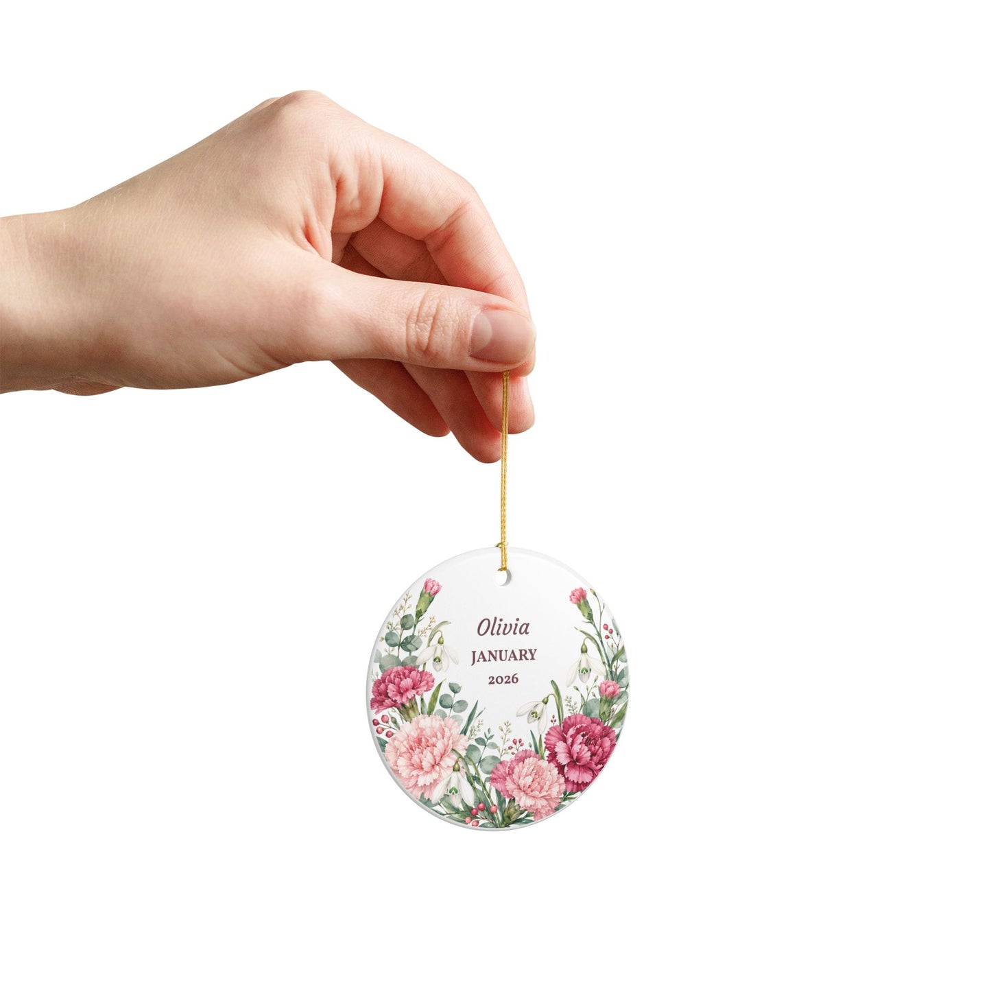 Personalized Floral Ornament — Custom Name & Month Ceramic Keepsake (January)