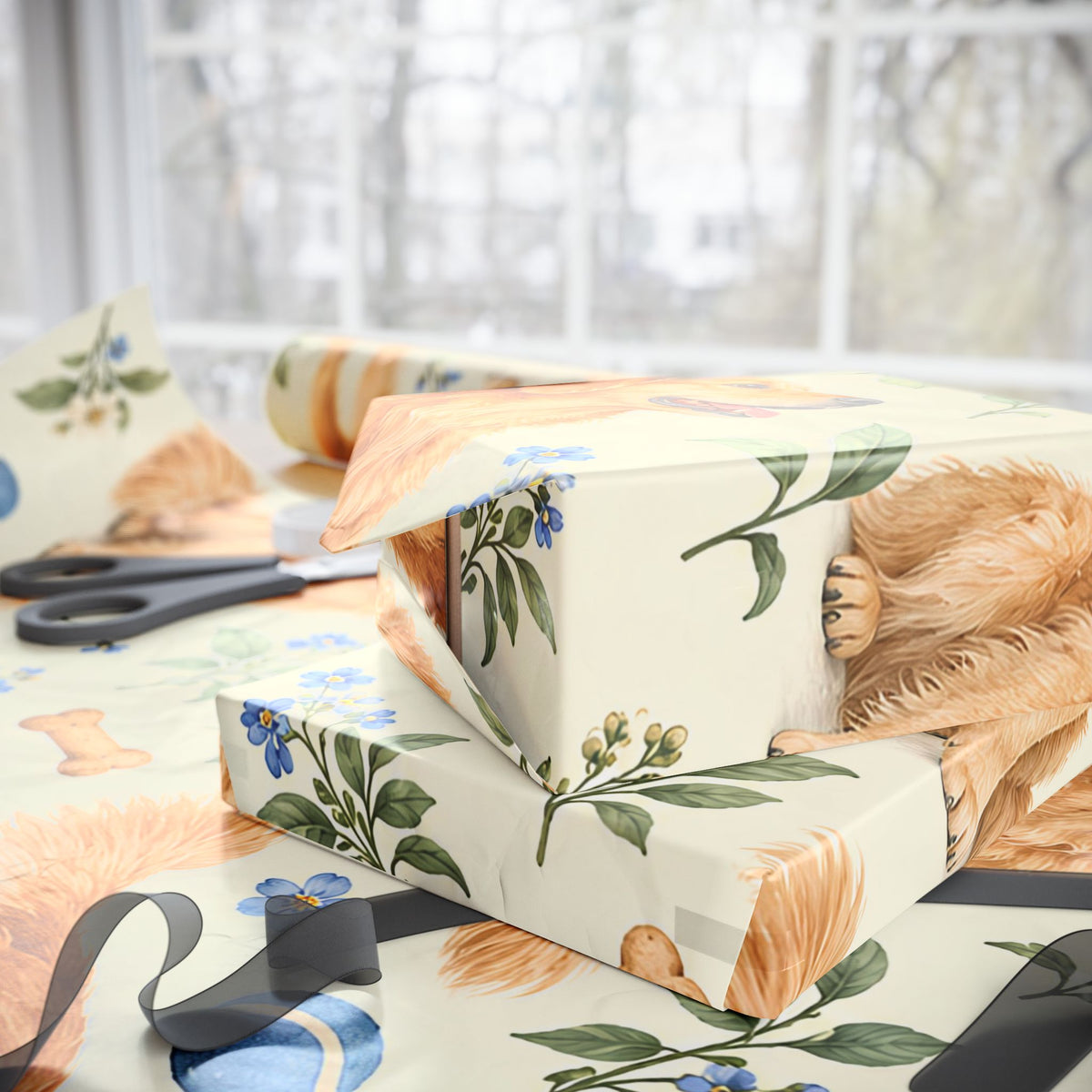 Dog Floral Wrapping Paper — Golden Retriever Gift Wrap (Floral Pattern)