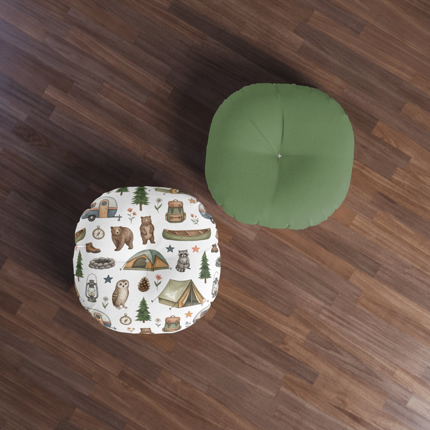 Camping Pattern Round Floor Pillow — Cute Woodland Animals & Gear Tufted Cushion