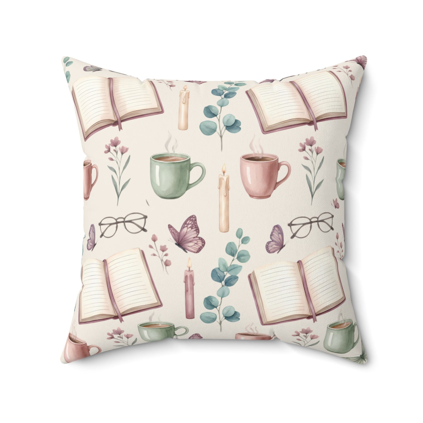 Cozy Reading Pillow — Open Book & Tea Decorative Throw Pillow