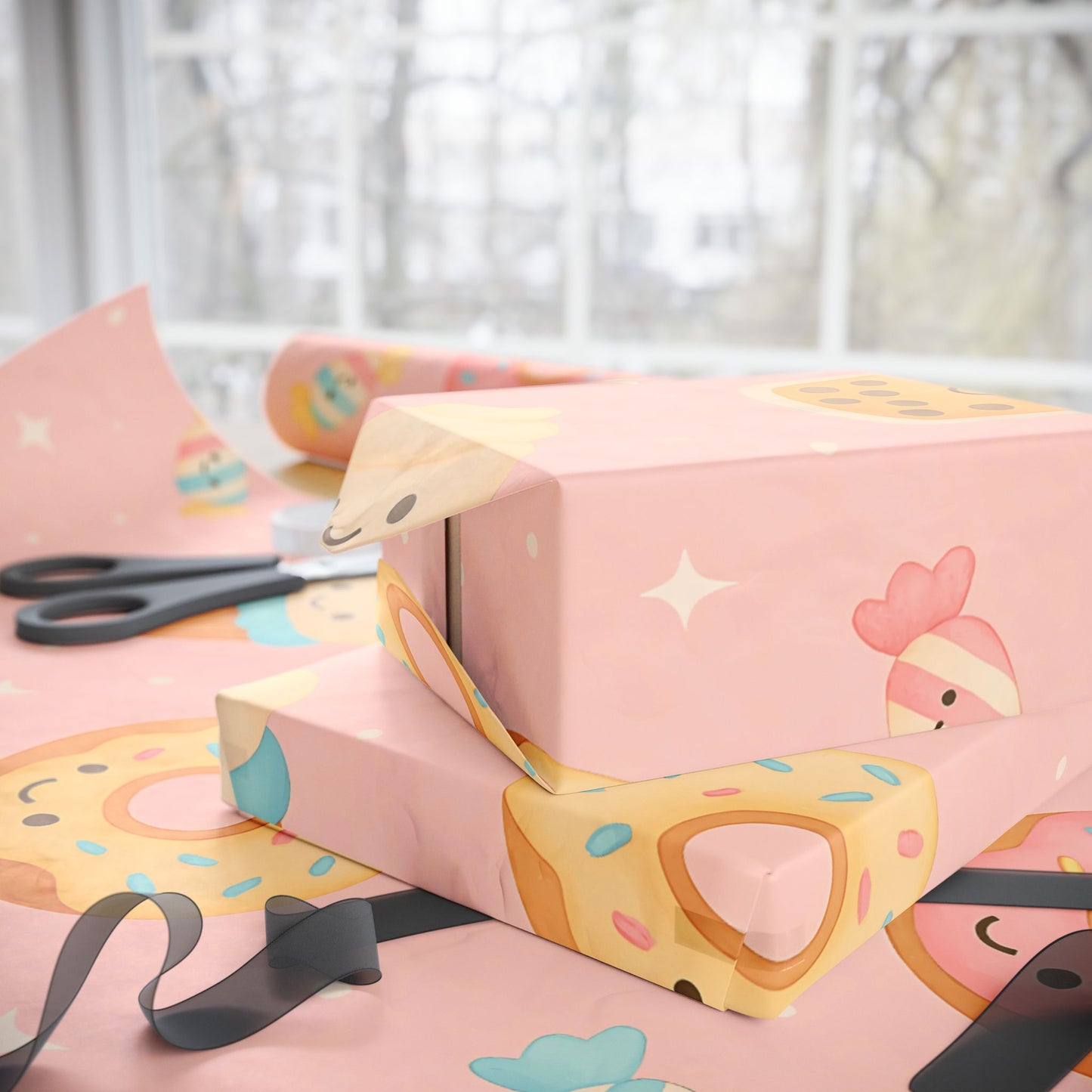 Sweet Treats Kawaii Wrapping Paper – Donuts, Boba, Cupcakes & Candy on Pink
